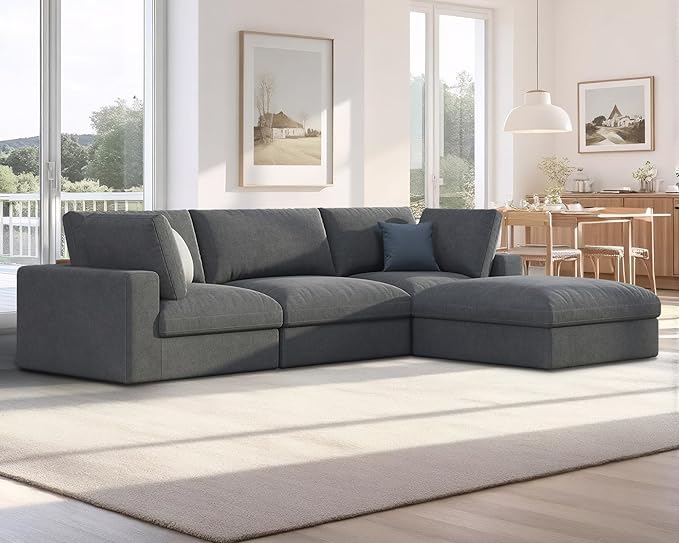 AMERLIFE 114 Inches Modular Sectional Couch Feather Down Filled Sectional Sofa 4 Seats L Shaped Couch with Chaise Ottoman Cloud Sofa for Living Room Apartment Grey Linen