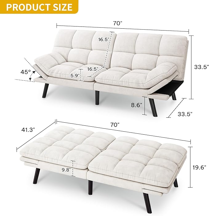 DWVO 70 Convertible Futon Sofa Bed Folding Futon Set for Living Room Home Office Aprtment Modern Futon Couch with Adjustable Backrest &amp Armrests Recliner Lounge Loveseat Sofa
