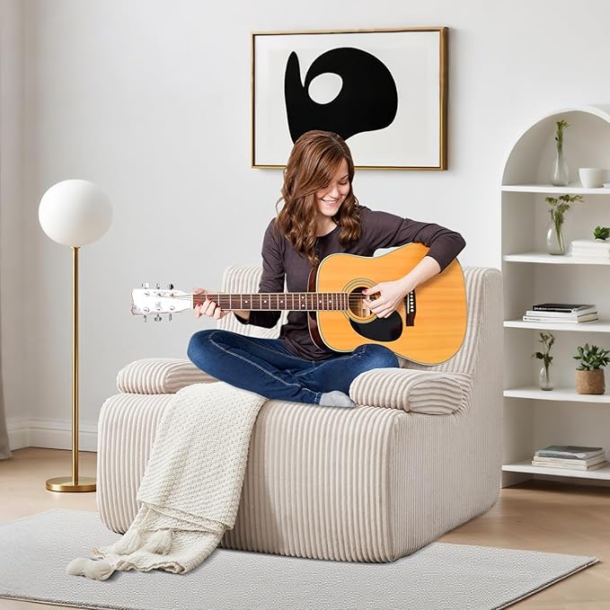 Boneless Chair for Small SpaceCorduroy Cloud Chair Foam Couch with Wide ArmrestFluffy Comfy Reading Single Sofa Chairs for Living Room Bedroom Apartment (Beige)