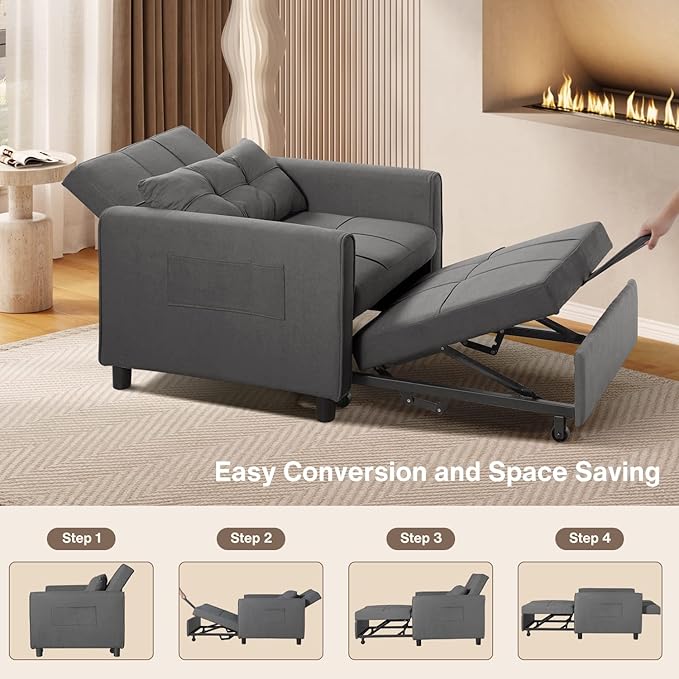 Aiho Sleeper Sofa Chair with Bed 3-in-1 Convertible Sofa Bed in Modern Linen Fabric for Apartment Living Room Study Dark Gray