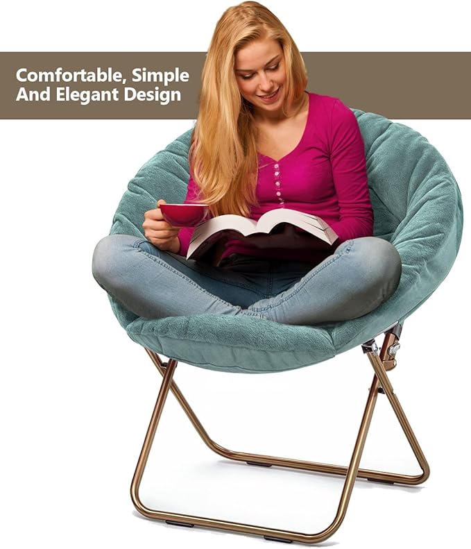 Cozy Saucer Chair Living Room Chair Faux Fur Soft Thick Padded Seat Metal Frame Folding Chair Comfortable Moon Chair for Living Room Bedroom Reading Nook Modern Style 2 Pack Green