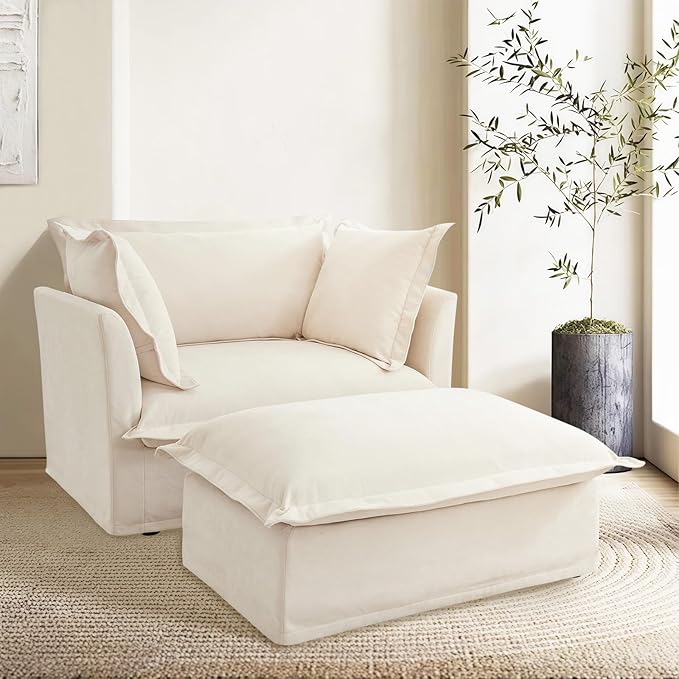49'' Chenille Chaise Lounge Chair Indoor Oversized Upholstered Sleeper Sofa with Movable Ottoman Removable &amp Washable Sofa Cover for Living Room Home Theater ApartmentBeige