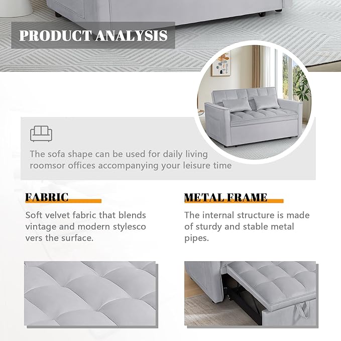 54 Convertible Sofa Bed Velvet Sleeper Sofa with Pull-Out Bed 3-in-1 Futon Couch with Reclining Backrest and Side Pocket Modern Loveseat for Living Room (Silver Grey)