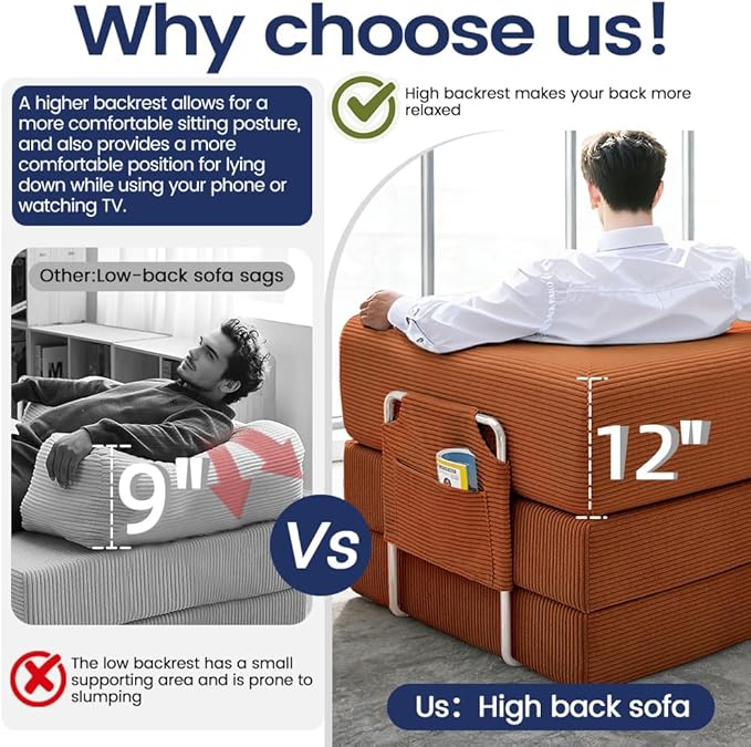 Folding Sofa Bed Convertable Corduroy Couch King Size Floor Sleeper 4-in-1 DIY Combination Modular Sofa Fold Out Futon Lounge Comfy Foldable Lazy cama for Living Room