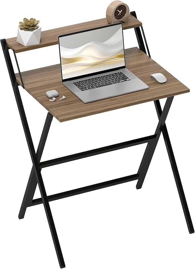 HOMCOM Small Folding Desk 27.6 Inch Foldable Computer Desk with Monitor Shelf Space Saving Portable Writing Table for Small Spaces Home Office Study Easy Assembly Walnut