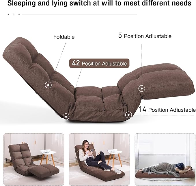 Floor Recliner with Adjustable Footrest - 14-Position Backrest &amp 5-Level Footrest for Ultimate Relaxation Foldable Linen Chaise Lounge Chair for Living Room (Brown)
