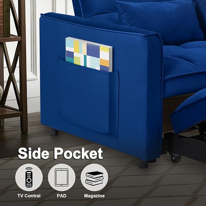 3 in 1 Convertible Sofa Bed Pull Out Couch with Adjustable Backrest Velvet Sleeper Sofa Loveseat with Pillows and Side Pockets for Living Room Bedroom Apartment Blue