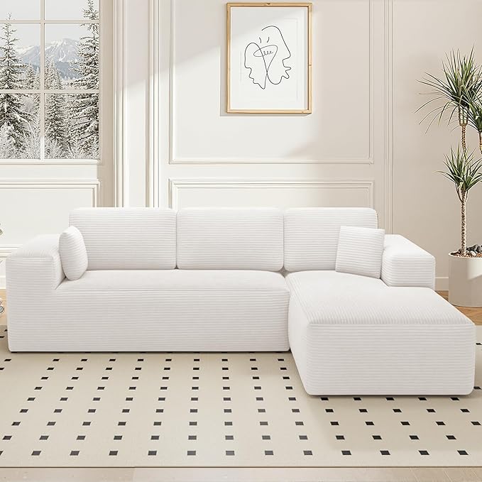 107 Cloud Sectional Couch with Chaise L Shaped Boneless Couch with Deep Seat 3 Seater Corduroy Modular Sectional Sofa for Living Room No Assembly Required （Right Facing Chaise Cream Beige）