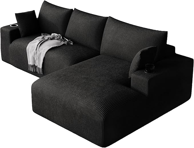 113 Modular Sectional Sofa Cloud Couch Modern Deep Seat Fluffy Corduroy Boneless Couch with Cup Holder Comfy L Shaped Sectional Couches for Living Room Bedroom. (Right Facing Black)