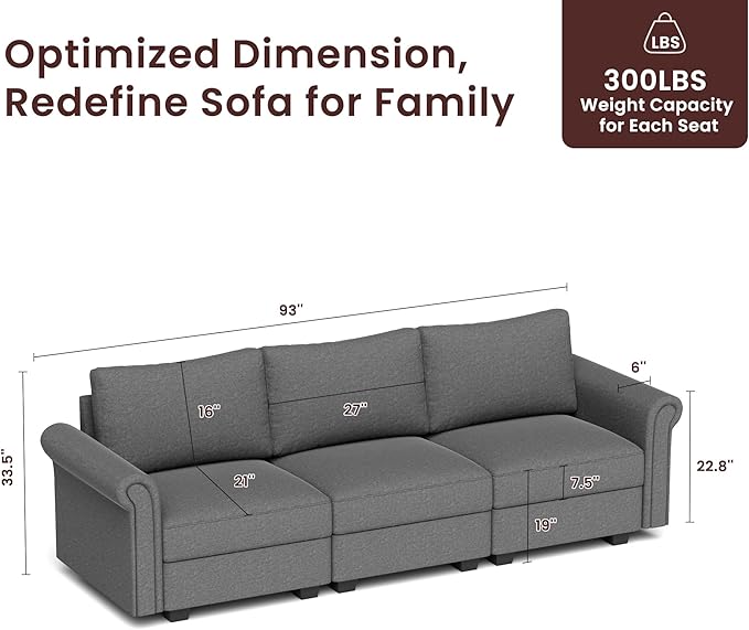 Modular Sectional Sofa Couch with Storage Space Underneath 93''L 3 Seater Sofa with Deep 27'' Seat &amp Rolled Armrest Design Wood Frame Seat with Dual Spring and Memory Foam Cushion