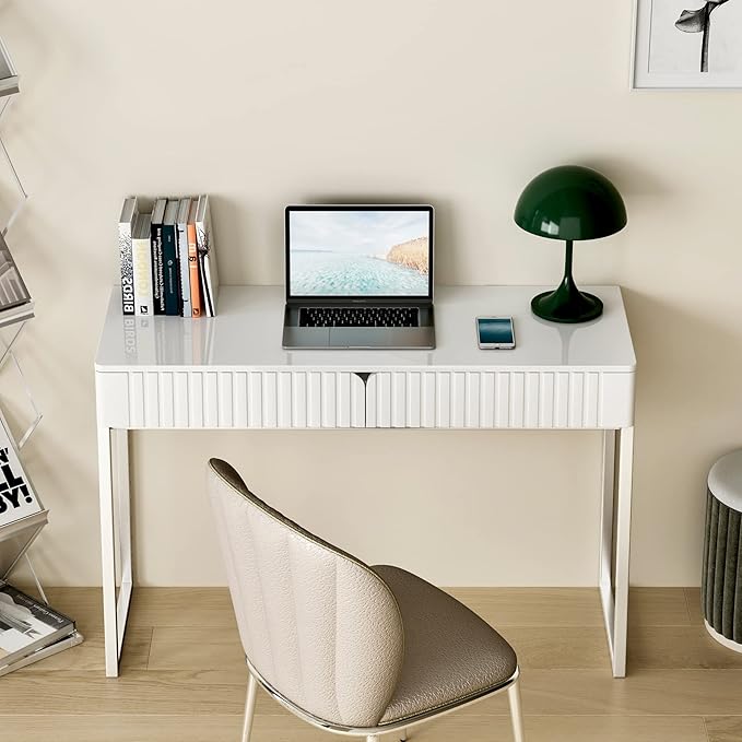 Modern Multi-Purpose Desk White &amp Antique Brass 43 L x 15.75 W 2 Large Drawers Computer/Vanity/Study Adult Size
