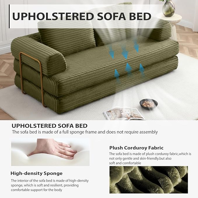 HANXIN 80 Inch Convertible Sleeper Sofa Bed High Back Plush Corduroy Folding Floor Mattress Couch with Fixed-Shape Frame Boneless Futon Loveseat with Pull Out Bed No Assembly Required (Green)