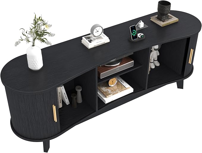 Mid Century Modern TV Stand for 65 Inch TVs Fluted TV Stands with Open Shelves and Sliding Door Media Cabinet with Power Outlet Entertainment Center with Storage for Living Room Black