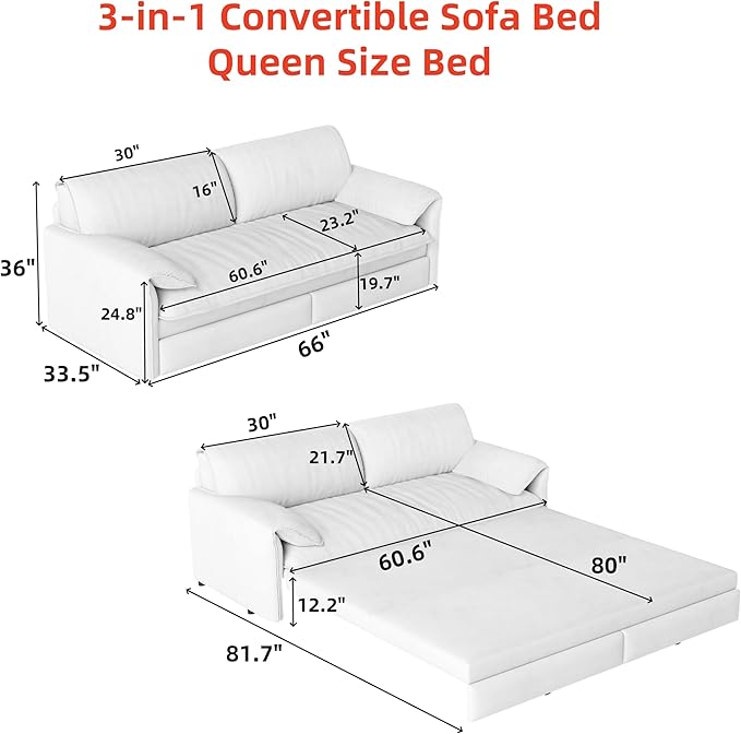 3 in 1 Convertible Queen Sleeper Sofa Bed Comfy Pull Out Futon Couch Bed 66 Modern Velvet Recliner Loveseat Sofa Multi-Functional Black Cloud Couch for Living RoomApartmentOffice (Black 66)