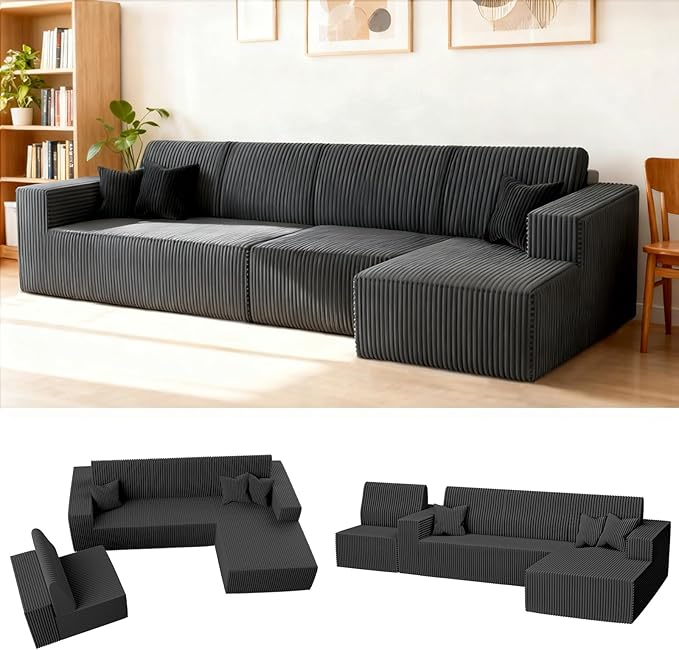 142 Boneless Couch Cloud Modular Sectional Sofa with L-Shape Chaise Modern Upholstered Couches for Living Room Bedroom No Assembly Required (Grey 142 Right Facing Chaise+3 Seaters)