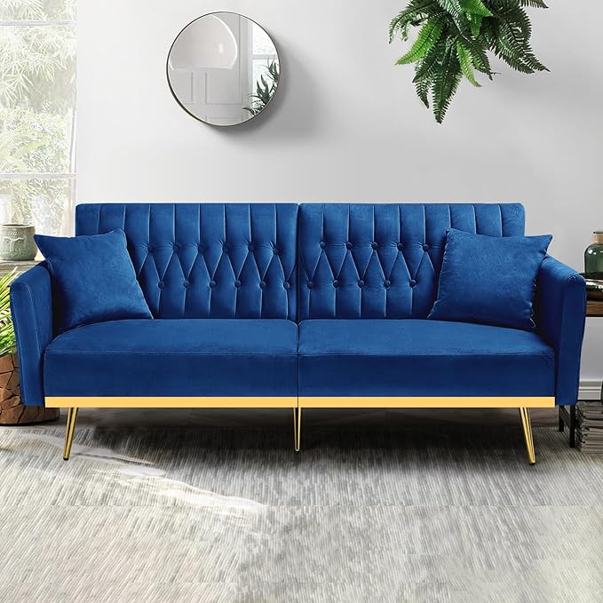 70” Velvet Futon Sofa Bed w/Adjustable Armrests and Backrest Convertible Futon Couch w/2 Pillows Modern Sleeper Bed for Living Room Bedroom Blue