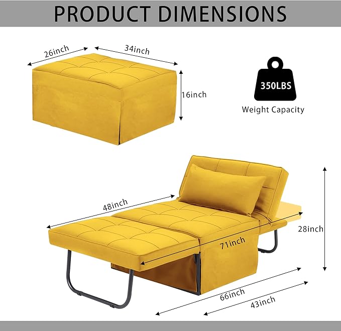 BIGSYY Sofa Bed Set of 4 in 1 Multi-Function Folding Ottoman Breathable Linen Couch Bed with Adjustable Backrest Modern Convertible Chair for Living Room Apartment Office Yellow