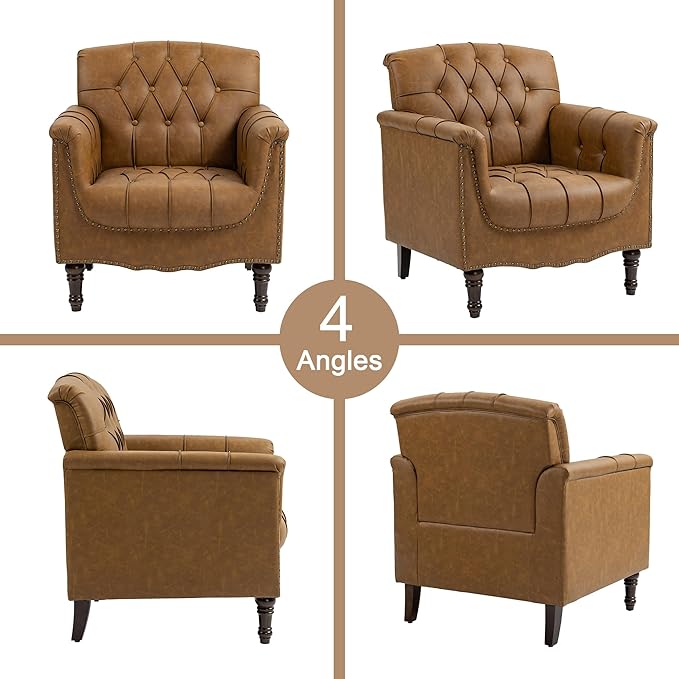 Lumibee Faux Leather Armchair Contemporary Accent Chair with Nailhead Trims &amp Wood Legs for Living Room Upholstered Comfy Arm Chair for OfficeBedroom-Camel