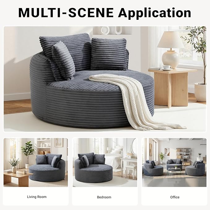 54-inch Oversized Round Chaise Longue Chair Indoor Modern Upholstered Corduroy Deep Seat Circle Cloud Chair Single Boneless Reading Chair for Living Room Bedroom Apartment Gray