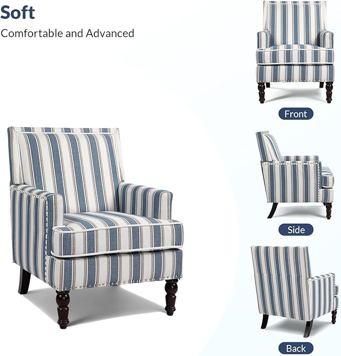 Rovibek Midcentury Modern Accent Chair - High Back Living Room Chairs Upholstered Armchair with Solid Legs Blue Striped Accent Chair for Living Room Bedroom Balcony