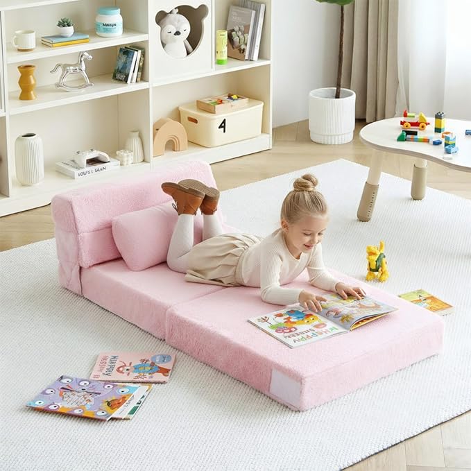 Tiita Convertible Folding Kids Sofa Bed with Pillow &amp Storage Bag Plush Fabric Floor Mattress Couch Bed Washable Cover Kids Room Playroom Dorm Apartment Pink