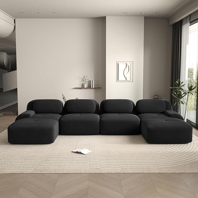 152 Modern Boneless Couches for Living Room Corduroy Cloud Couch Sectional Black Modular Sectional Sofa 4 Seater with 2 Ottoman Sofas para Sala U Shaped Couch (Black 4+2 Set)