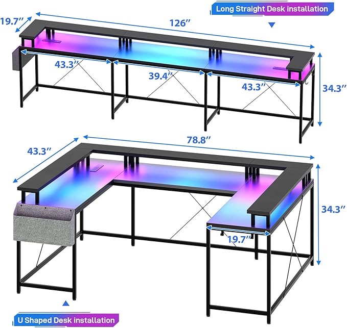 Jojoka U Shaped Desk 79 Inch Large Corner Office Desk with Monitor Stands Reversible L Shaped Computer Gaming Desk with Power Outlets &amp LED LightsU Shaped Gaming Desk (Black)