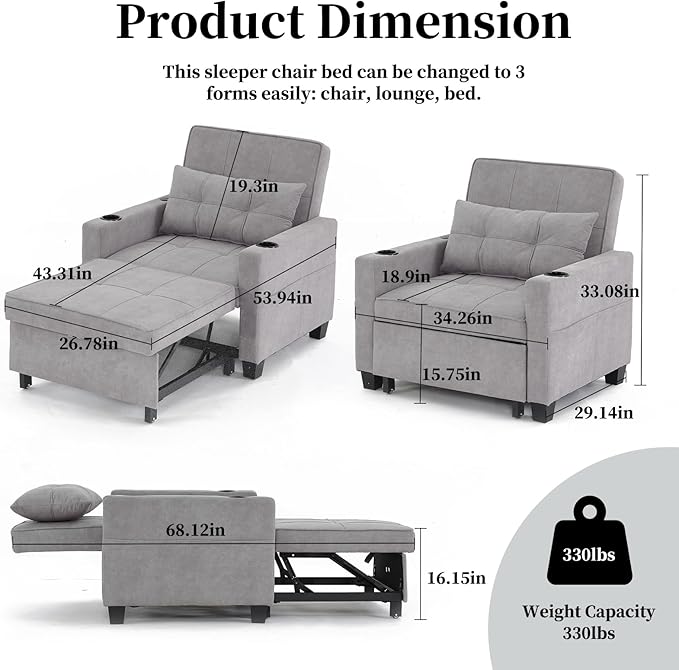 Sleeper Chair Bed Convertible Chair Bed Pull Out Chair Beds with USB Charging &amp Cupholders Adjustable Backrest Leather Futon Chair Bed for Living Room Bedroom (Light Grey(Cloth))