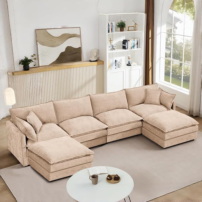 130 Modular Sectional Sofa with Movable Ottoman Convertible L Shaped Chenille Cloud Couch Oversize Comfy 4-Seater Deep Seat Sofa Couches for Living Room Apartment (Coffee 130)