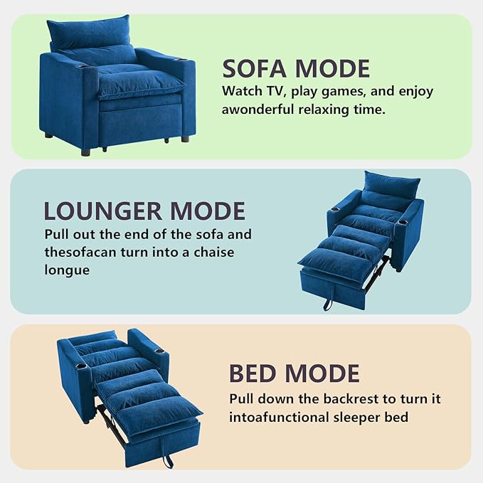 3 in1 Convertible Sleeper Sofa Chair Modern Pull Out Couch Bed Single Chair Bed with Adjustable Back Velvet Folding Compact Recliner for Living Room Bedroom Apartment Small Spaces (Blue)