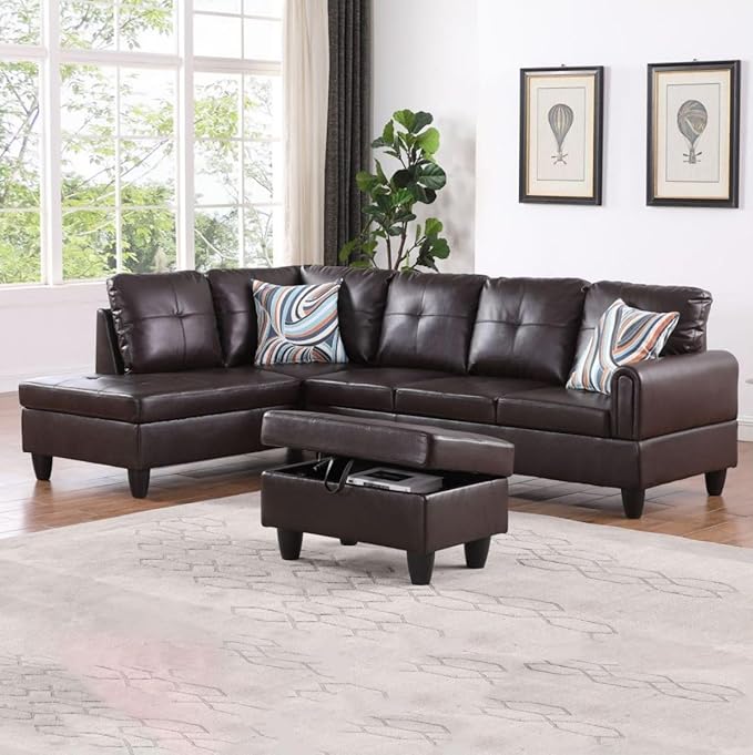 Brown L-Shaped 3-Piece Faux Leather Sofa with Storage Ottoman Set Sectional Couch Sofa Set for Living Room Office Small Space