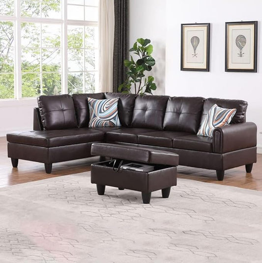 Brown L-Shaped 3-Piece Faux Leather Sofa with Storage Ottoman Set Sectional Couch Sofa Set for Living Room Office Small Space