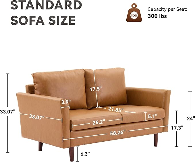Tbfit Loveseat Faux Leather Sofa Couches for Living Room Bedroom &amp Office Light Brown