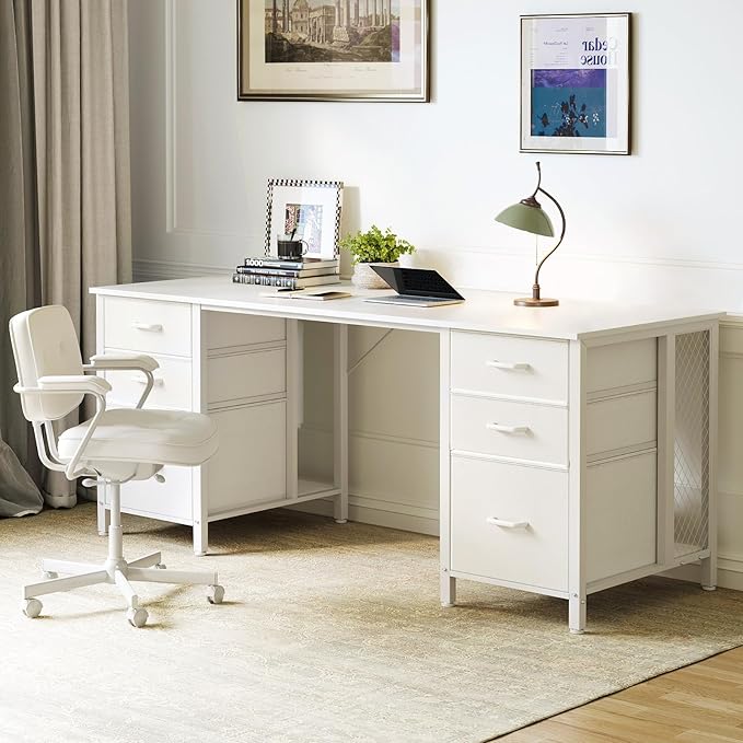 ODK 63 inch Computer Desk with File Drawers Cabinet Modern Office Desk with Large Storage for Home Office Study Gaming White