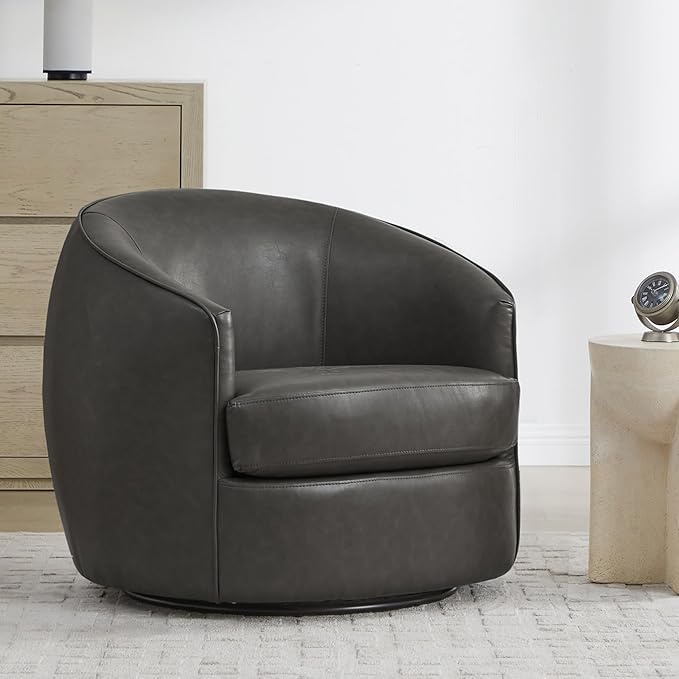 CHITA Swivel Barrel Chair Modern Comfy FSC Certified Upholstered Faux Leather Accent Chair for Living Room Fully Assembled Grey