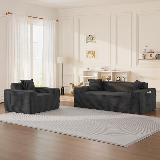 Antetek 3 Piece Boneless Corduroy Sofa Set 80.7-Inch 3-Seater Sofa + 2 Units 43.3-Inch Accent Chairs with Cup Holder Modern Deep Seat Couch Set for Living Room Bedroom No Assembly Grey