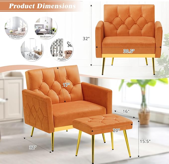 Velvet Accent Chair w/Adjustable Armrests and Backrests Tufted Single Sofa with Ottoman Upholstered Reading Chiar for Living Room Apartment Bedroom Orange