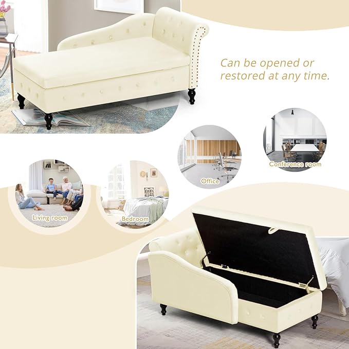 Upholstered Chaise Lounge with Right Armrest &amp Lumbar PillowButton Tufted Lounge Sofa with StorageLounge Chair IndoorModern Velvet Lounge Chair for Bedroom Living Room and OfficeBeige