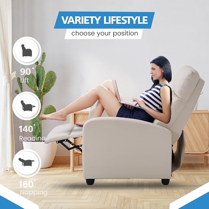 Recliner Chair for Adults Living Room Chairs Reading Chair with Fabric Padded Seat Backrest Modern Reclining Easy Lounge Bedroom Chair Recliner Chair for Bedroom (Beige)