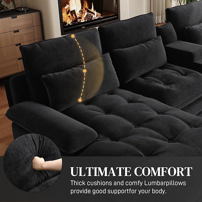OUYESSIR 134 Oversized Black Sectional Couches for Living RoomFluffy Couch with Chaise Lounge&ampTufted Buttons U Shaped Living Room Sofa Set FurnitureChenille 6 Seater Couch with Storage Console
