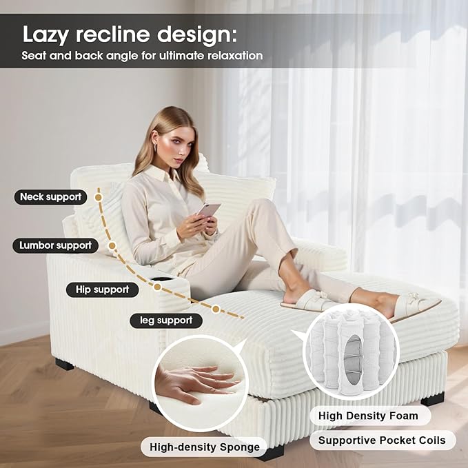 41 Chaise Lounge Indoor with 2 Pillows Adjustable Backrest Comfy Reading Chair with USB Charger Cup Holder Corduroy Sofa Bed Lazy Chair Sleeper Couch Small Couch for Apartment Whtie