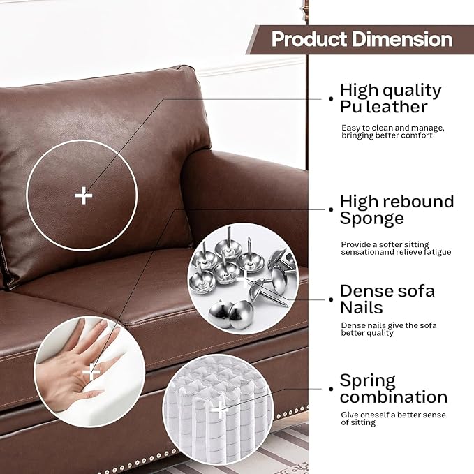 Brown Faux Leather Couch Comfy Classic 3 Seater Living Room SofaMid-Century Modern Sofa with Detachable Cushions 84 for Living Rooms Bedrooms OfficesApartments Tool-Free Assembly(Brown)