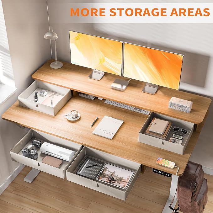 Electric Standing Desk 48 * 30 Inches Adjustable Height with 4 Drawers Double Storage Shelves Home Office Workstation Sit Stand up Desk (Nature)