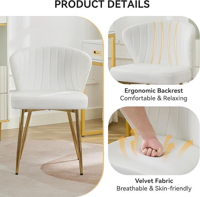 Velvet Vanity Chair Set of 2 Modern Makeup Chair with Back Golden Legs Small Cute Accent Chair for Vanity Living Room Bedroom White