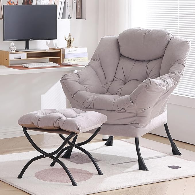 Lazy Chair with Ottoman Modern Chair with Folding Footrest Lounge Accent Chair Comfortable Reading Chair Oversized Armchairs for Bedroom Study Living Room Courtyard (Light Grey)