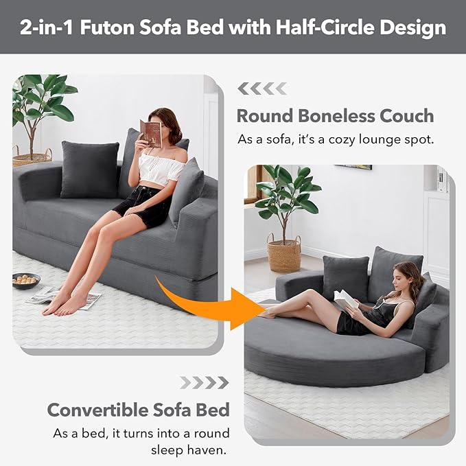 Round Boneless Couch Corduroy Upholstered Folding Convertible Sofa Bed with Pillows 2-in-1 Futon Sofa Bed with Half-Circle Design Comfy Loveseat for Living Room Apartment (Gray)