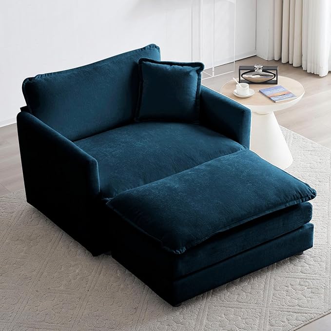 KIVENJAJA 41.4”W Oversized Sofa Chair with Ottoman Modern Chenille Deep Seat Single Couch Armchair Comfy Chaise Lounge Indoor with Pillow for Living Room Bedroom Apartment Blue