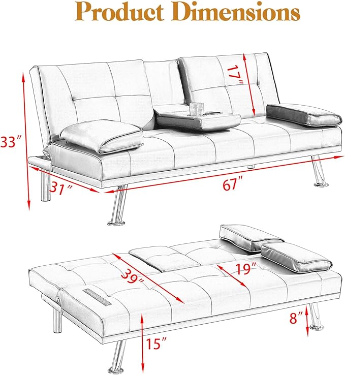 Modern Futon Sofa Bed 67 Inch Leather Convertible Futon Couch Loveseat Sleeper for Small SpacesComfy Folding Recliner Couches for Living Room Adjustable Backrest2 Cup HoldersMetal Legs (RED)