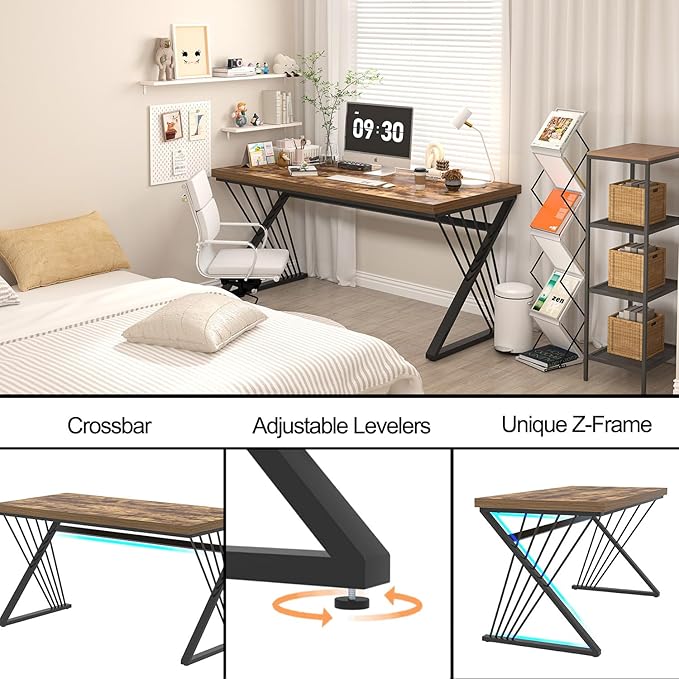 FOLUBAN Home Office Desk Modern Wood and Metal Computer Desk Simple Writing Work PC Desks for Bedroom Industrial Study Gaming Table for Living Room Rustic Brown 53 Inch