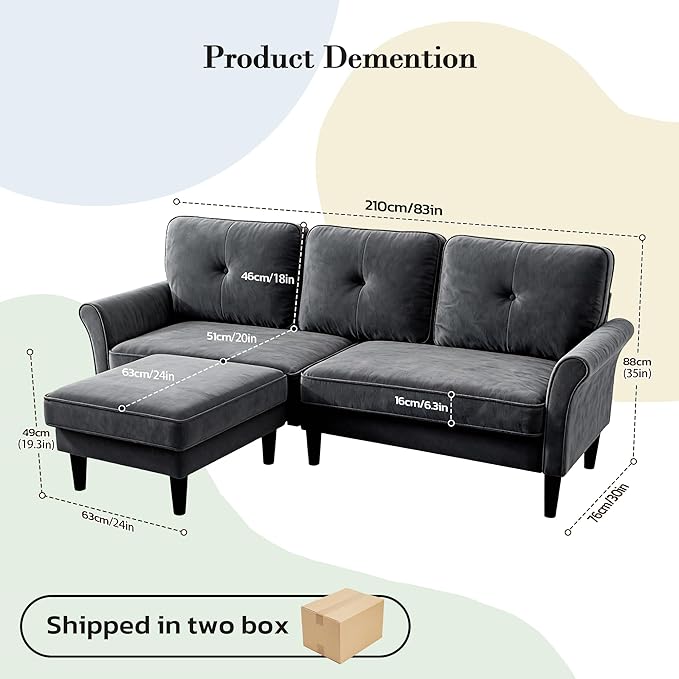 Sofas for Living Room 83 Velvet Sectional Couch with Moveable Ottoman Midcentury Modern Small Sectional Couch L Shape Sofa &amp 2 Seater Couches for Living Room Apartment Bedroom Grey